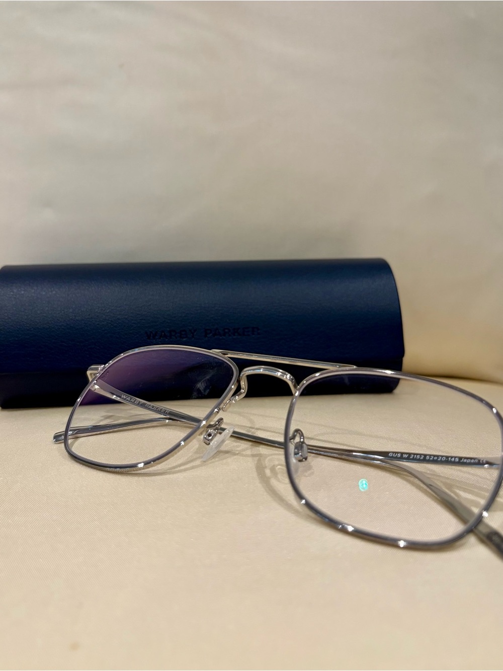 Warby Parker Silver Metal Aviator Glasses with Navy Case